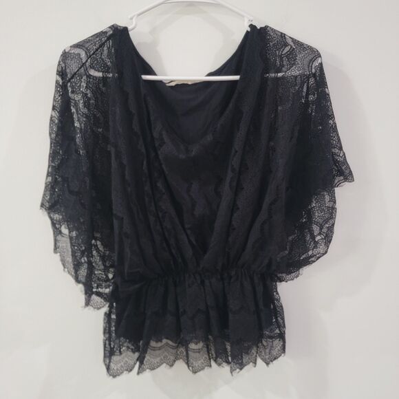 Old Navy Womens Top Size Small Black Floral Lace Bat Wing Cinched Waist - Picture 1 of 7